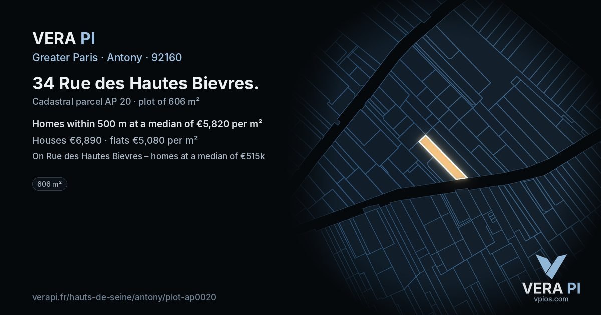 34 Rue des Hautes Bievres, Antony at night – the plot lit, the parcels around coloured by the prices near them
