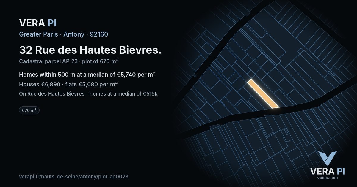 32 Rue des Hautes Bievres, Antony at night – the plot lit, the parcels around coloured by the prices near them