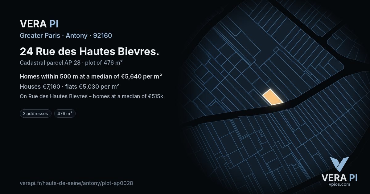 24 Rue des Hautes Bievres, Antony at night – the plot lit, the parcels around coloured by the prices near them