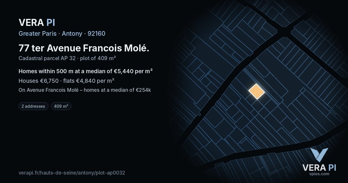 77 ter Avenue Francois Molé, Antony at night – the plot lit, the parcels around coloured by the prices near them