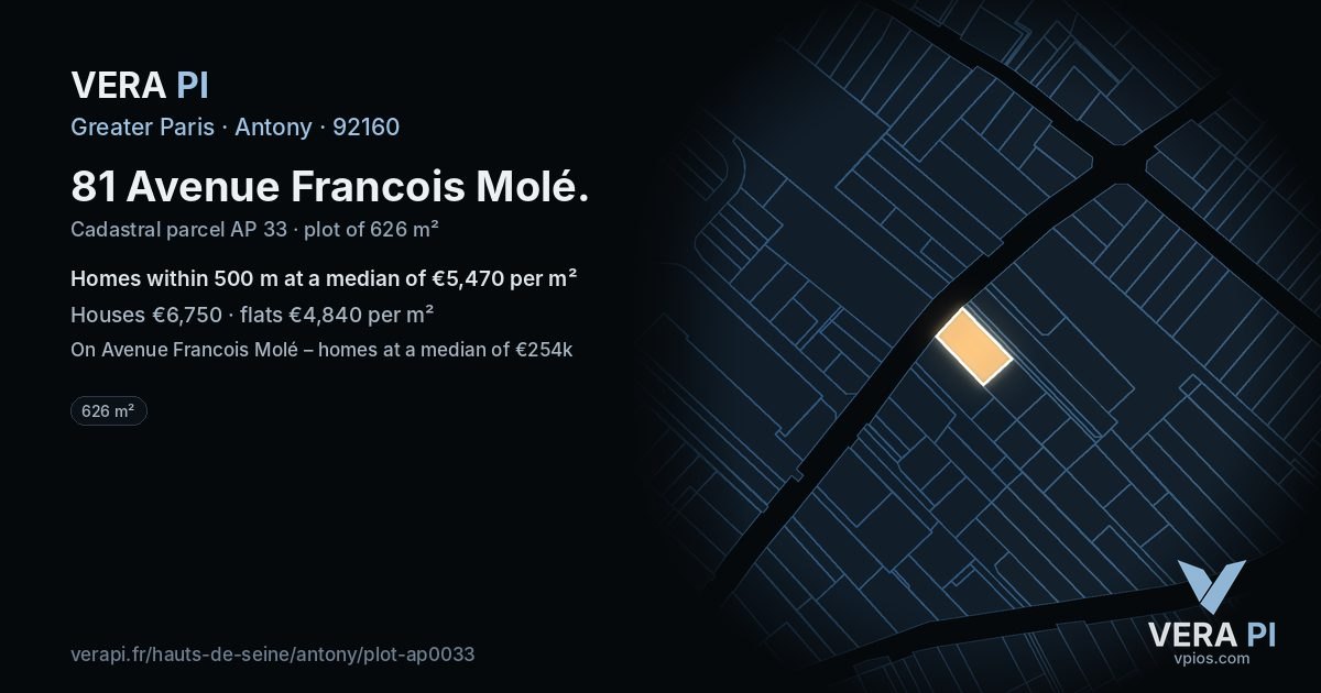 81 Avenue Francois Molé, Antony at night – the plot lit, the parcels around coloured by the prices near them