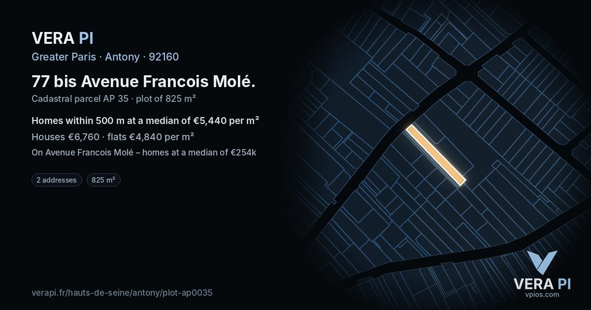 77 bis Avenue Francois Molé, Antony at night – the plot lit, the parcels around coloured by the prices near them