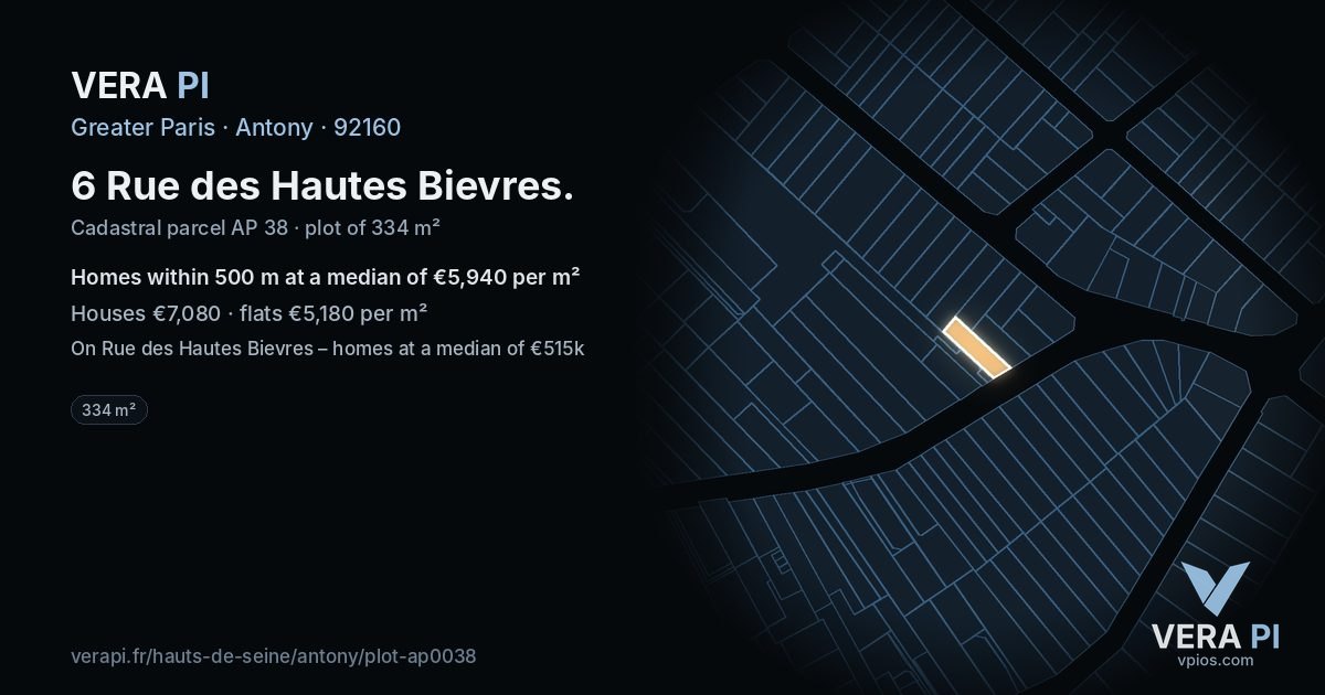 6 Rue des Hautes Bievres, Antony at night – the plot lit, the parcels around coloured by the prices near them