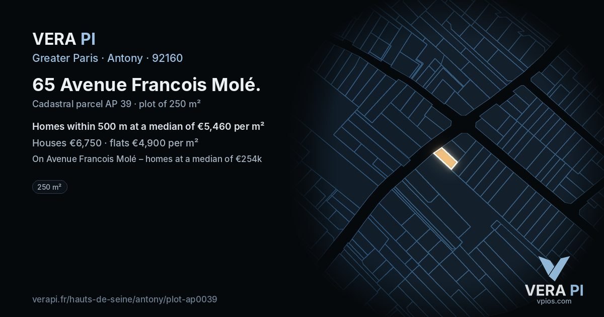 65 Avenue Francois Molé, Antony at night – the plot lit, the parcels around coloured by the prices near them
