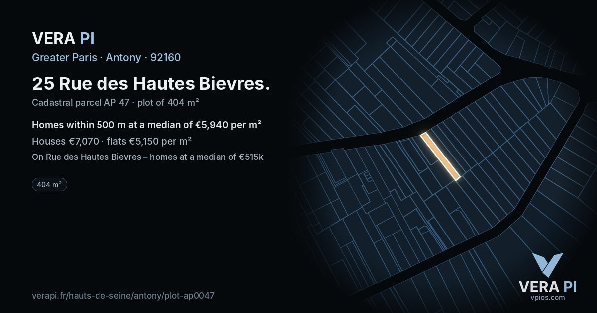 25 Rue des Hautes Bievres, Antony at night – the plot lit, the parcels around coloured by the prices near them