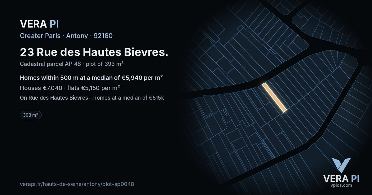 23 Rue des Hautes Bievres, Antony at night – the plot lit, the parcels around coloured by the prices near them