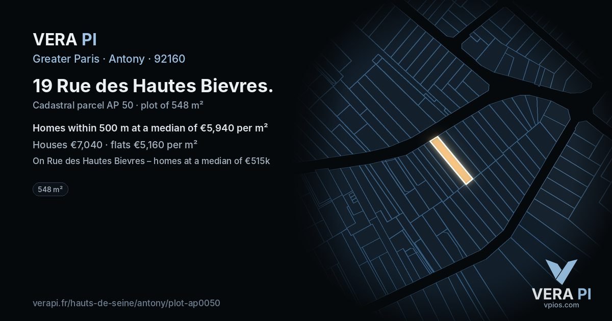 19 Rue des Hautes Bievres, Antony at night – the plot lit, the parcels around coloured by the prices near them