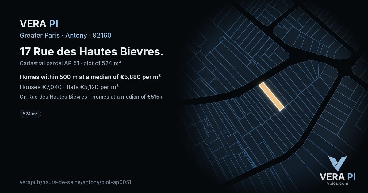 17 Rue des Hautes Bievres, Antony at night – the plot lit, the parcels around coloured by the prices near them