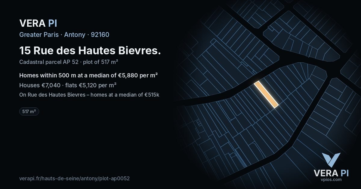15 Rue des Hautes Bievres, Antony at night – the plot lit, the parcels around coloured by the prices near them