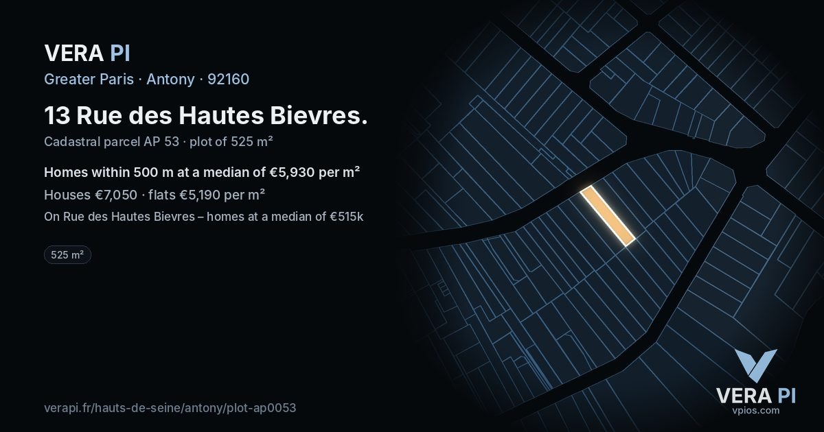 13 Rue des Hautes Bievres, Antony at night – the plot lit, the parcels around coloured by the prices near them