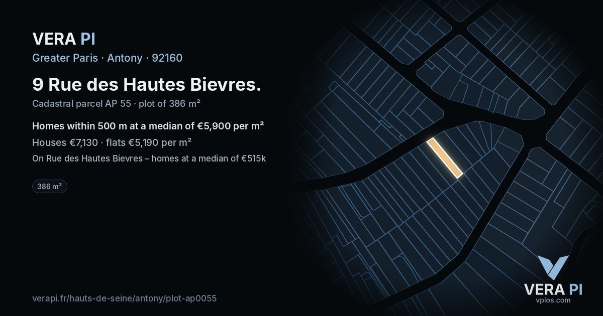 9 Rue des Hautes Bievres, Antony at night – the plot lit, the parcels around coloured by the prices near them