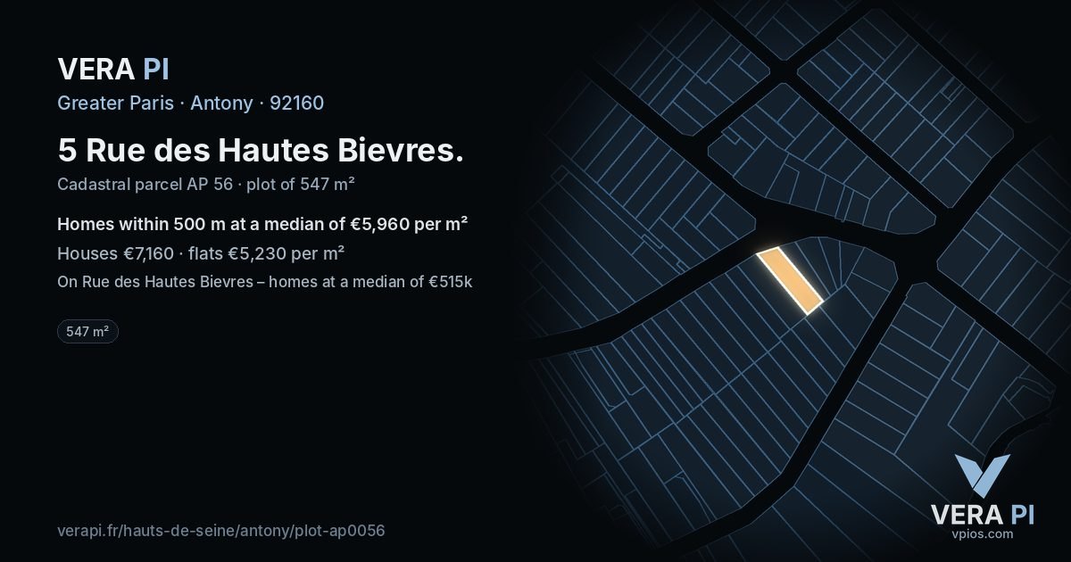 5 Rue des Hautes Bievres, Antony at night – the plot lit, the parcels around coloured by the prices near them