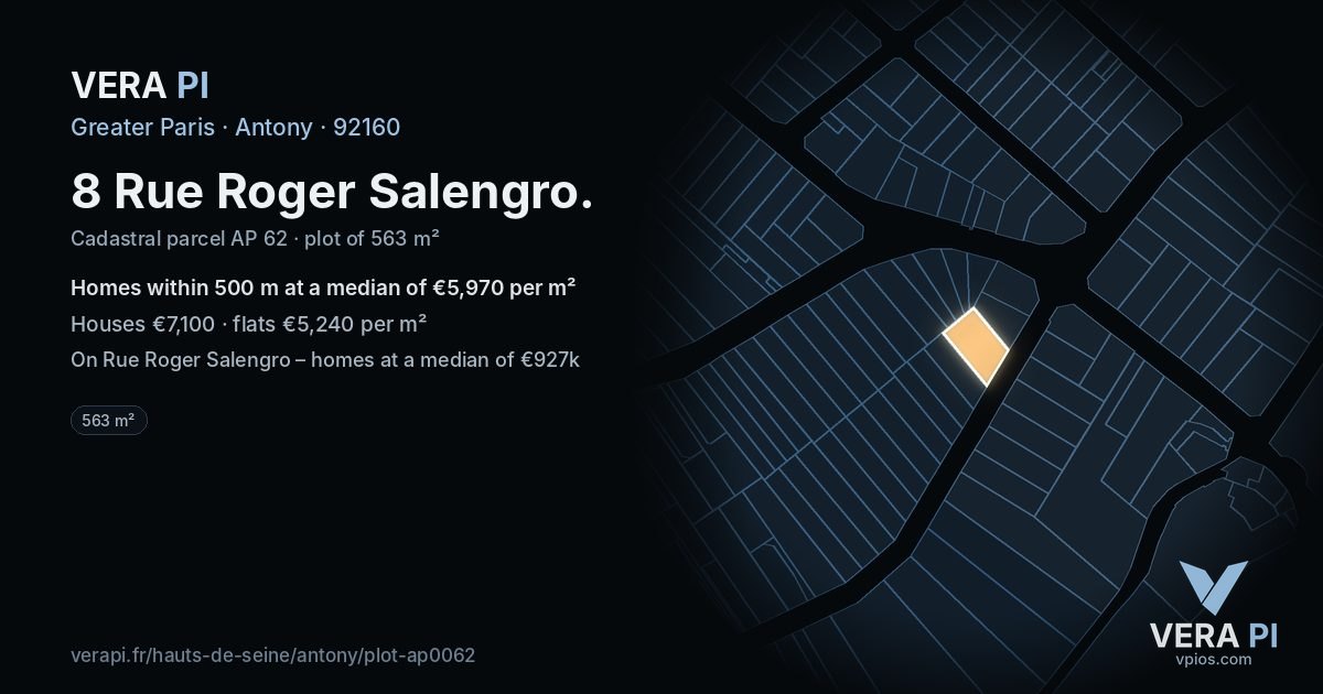 8 Rue Roger Salengro, Antony at night – the plot lit, the parcels around coloured by the prices near them