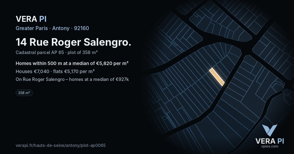 14 Rue Roger Salengro, Antony at night – the plot lit, the parcels around coloured by the prices near them
