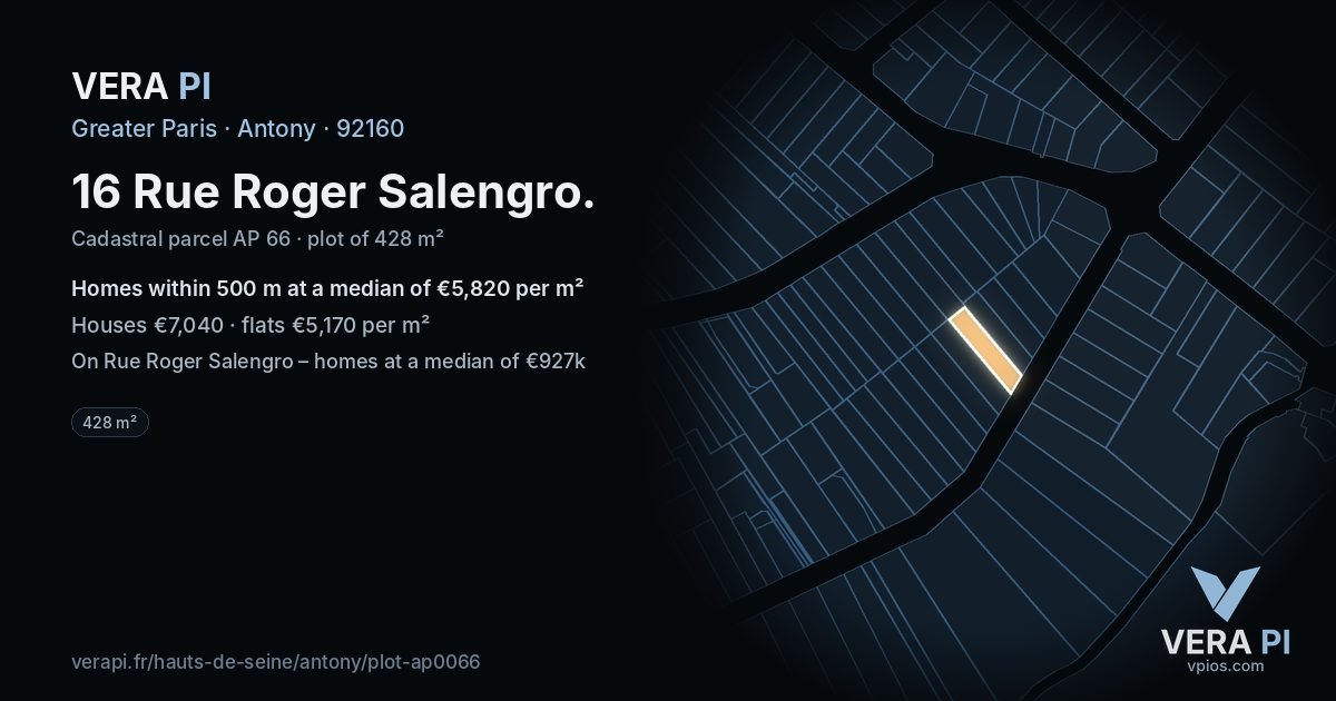 16 Rue Roger Salengro, Antony at night – the plot lit, the parcels around coloured by the prices near them