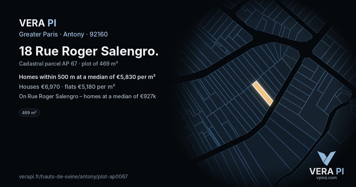 18 Rue Roger Salengro, Antony at night – the plot lit, the parcels around coloured by the prices near them
