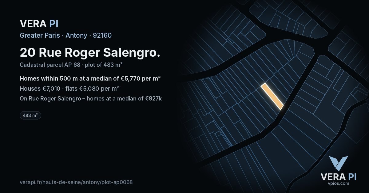 20 Rue Roger Salengro, Antony at night – the plot lit, the parcels around coloured by the prices near them