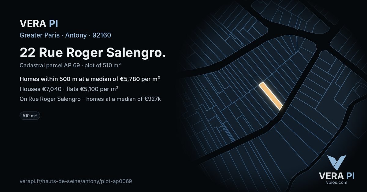 22 Rue Roger Salengro, Antony at night – the plot lit, the parcels around coloured by the prices near them