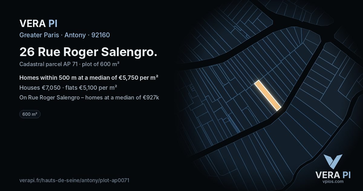 26 Rue Roger Salengro, Antony at night – the plot lit, the parcels around coloured by the prices near them