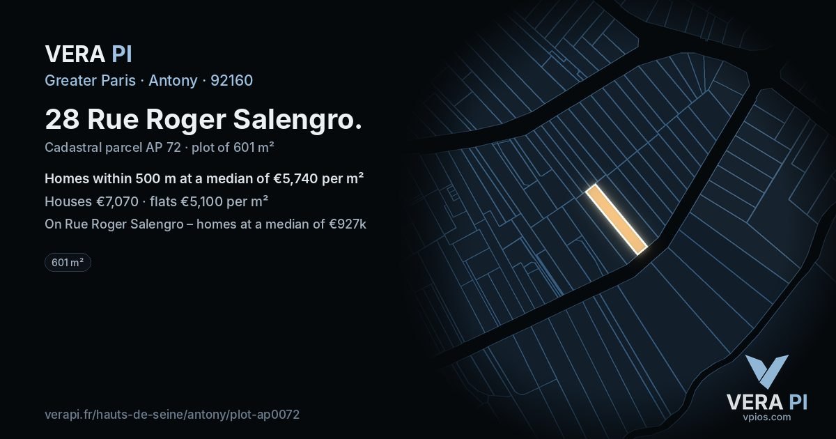 28 Rue Roger Salengro, Antony at night – the plot lit, the parcels around coloured by the prices near them