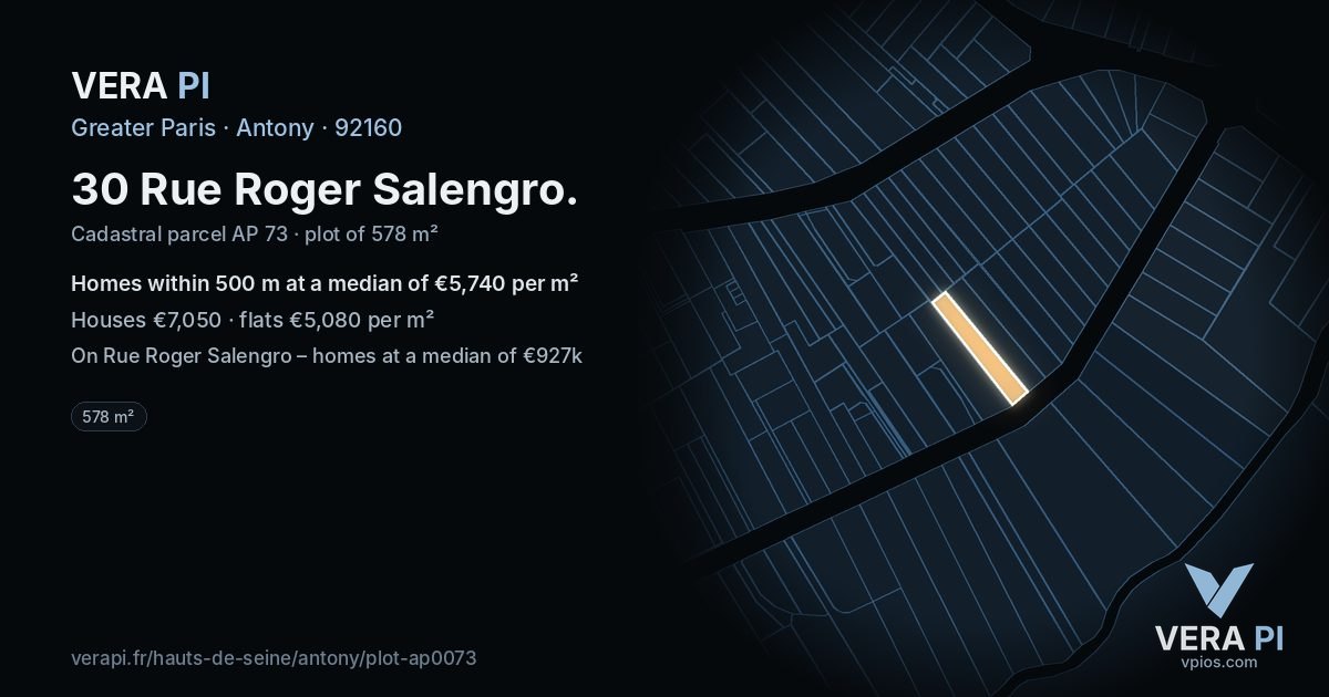 30 Rue Roger Salengro, Antony at night – the plot lit, the parcels around coloured by the prices near them