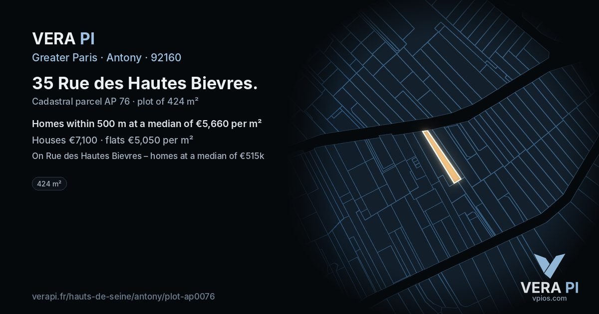 35 Rue des Hautes Bievres, Antony at night – the plot lit, the parcels around coloured by the prices near them