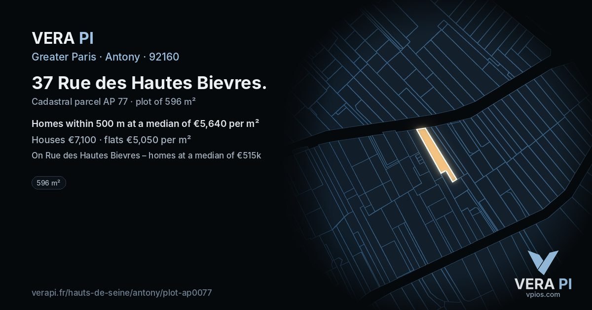 37 Rue des Hautes Bievres, Antony at night – the plot lit, the parcels around coloured by the prices near them