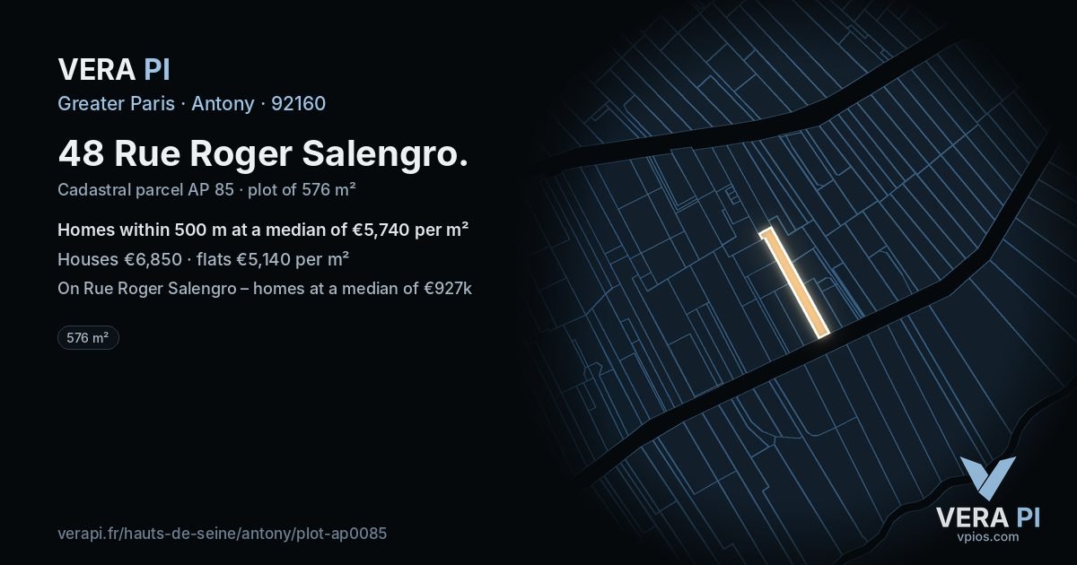 48 Rue Roger Salengro, Antony at night – the plot lit, the parcels around coloured by the prices near them