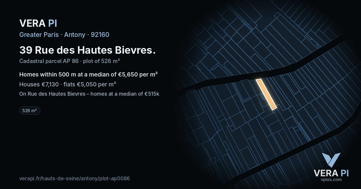 39 Rue des Hautes Bievres, Antony at night – the plot lit, the parcels around coloured by the prices near them