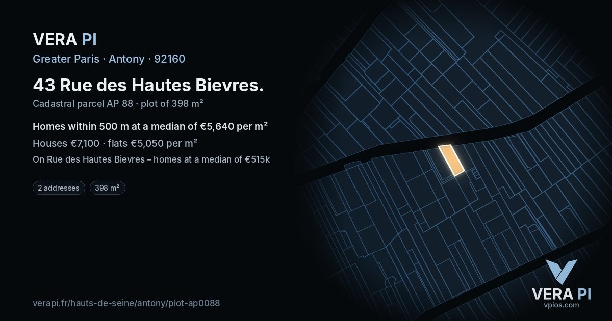 43 Rue des Hautes Bievres, Antony at night – the plot lit, the parcels around coloured by the prices near them