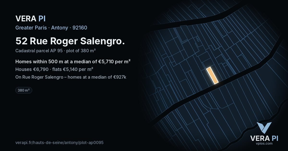 52 Rue Roger Salengro, Antony at night – the plot lit, the parcels around coloured by the prices near them