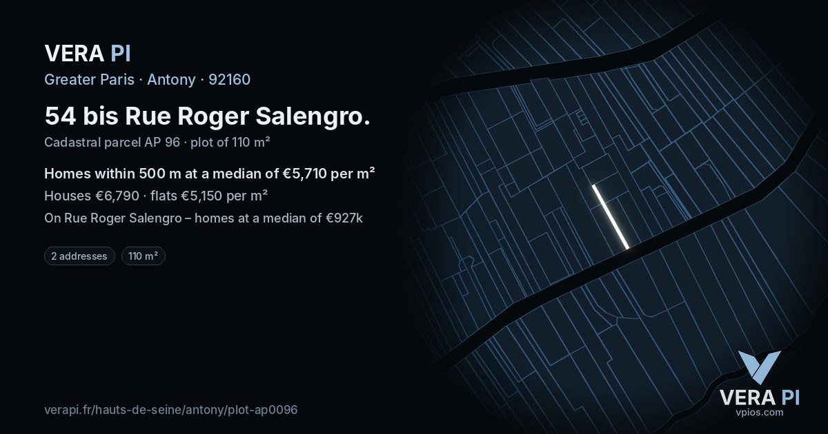54 bis Rue Roger Salengro, Antony at night – the plot lit, the parcels around coloured by the prices near them