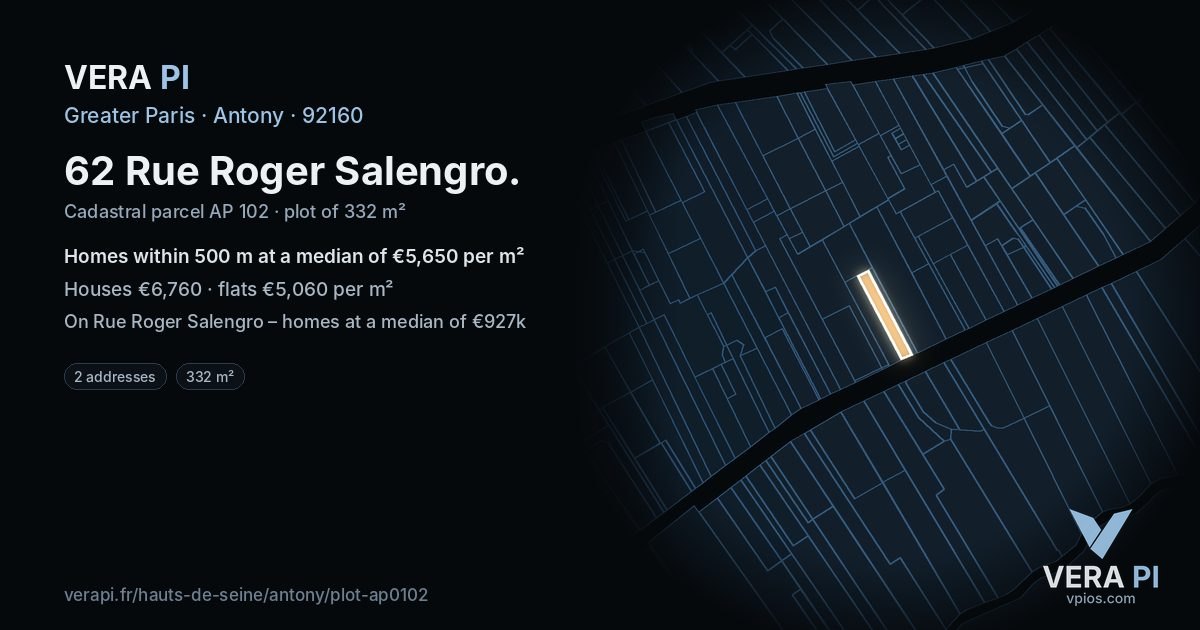 62 Rue Roger Salengro, Antony at night – the plot lit, the parcels around coloured by the prices near them