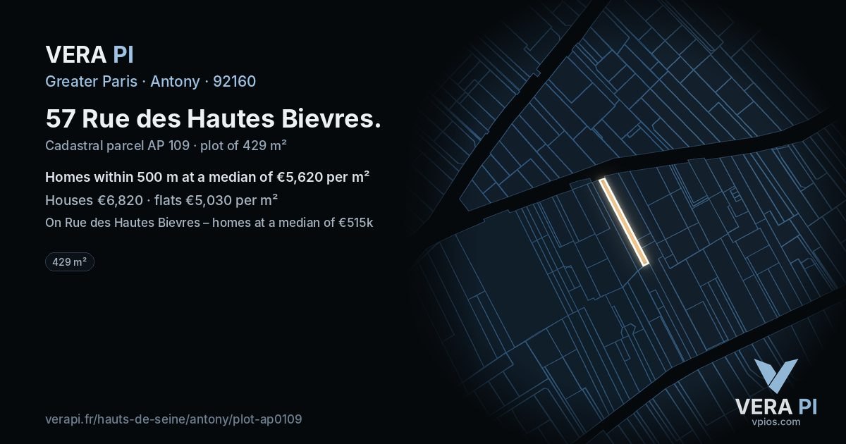 57 Rue des Hautes Bievres, Antony at night – the plot lit, the parcels around coloured by the prices near them