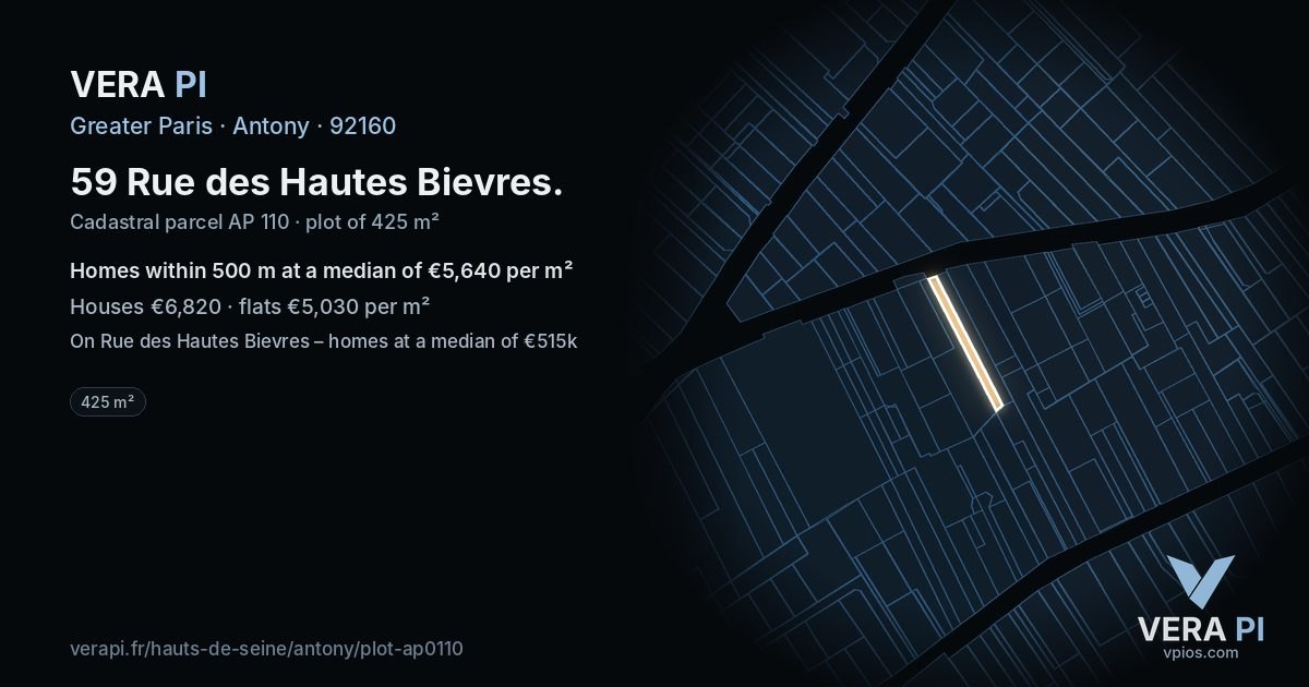 59 Rue des Hautes Bievres, Antony at night – the plot lit, the parcels around coloured by the prices near them