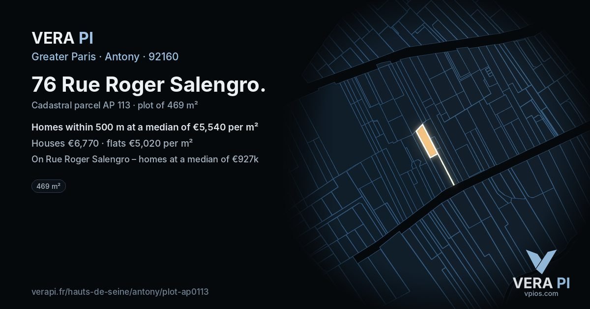 76 Rue Roger Salengro, Antony at night – the plot lit, the parcels around coloured by the prices near them