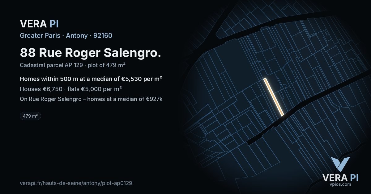 88 Rue Roger Salengro, Antony at night – the plot lit, the parcels around coloured by the prices near them