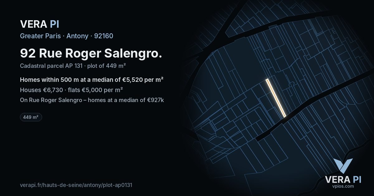 92 Rue Roger Salengro, Antony at night – the plot lit, the parcels around coloured by the prices near them