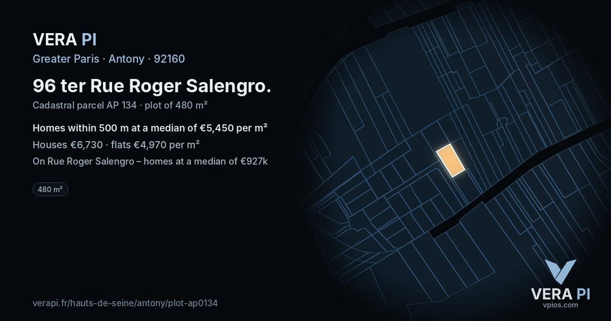 96 ter Rue Roger Salengro, Antony at night – the plot lit, the parcels around coloured by the prices near them