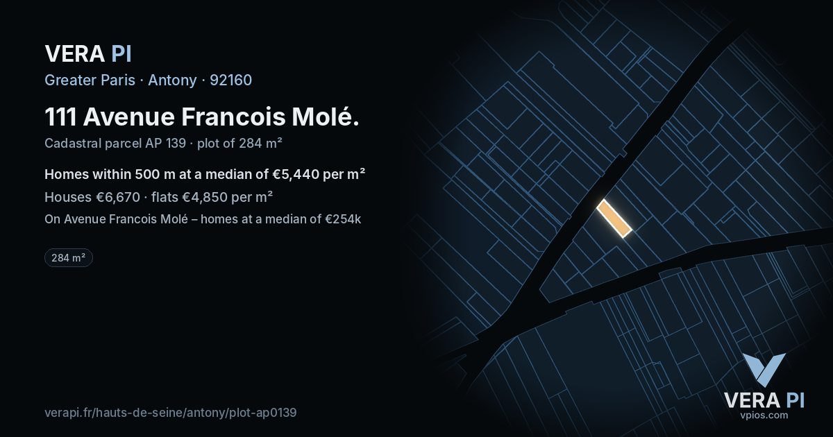 111 Avenue Francois Molé, Antony at night – the plot lit, the parcels around coloured by the prices near them
