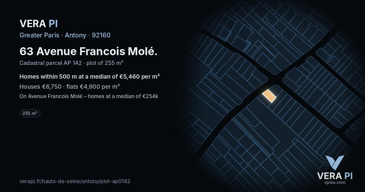 63 Avenue Francois Molé, Antony at night – the plot lit, the parcels around coloured by the prices near them