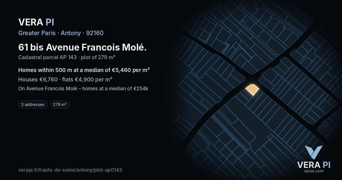 61 bis Avenue Francois Molé, Antony at night – the plot lit, the parcels around coloured by the prices near them