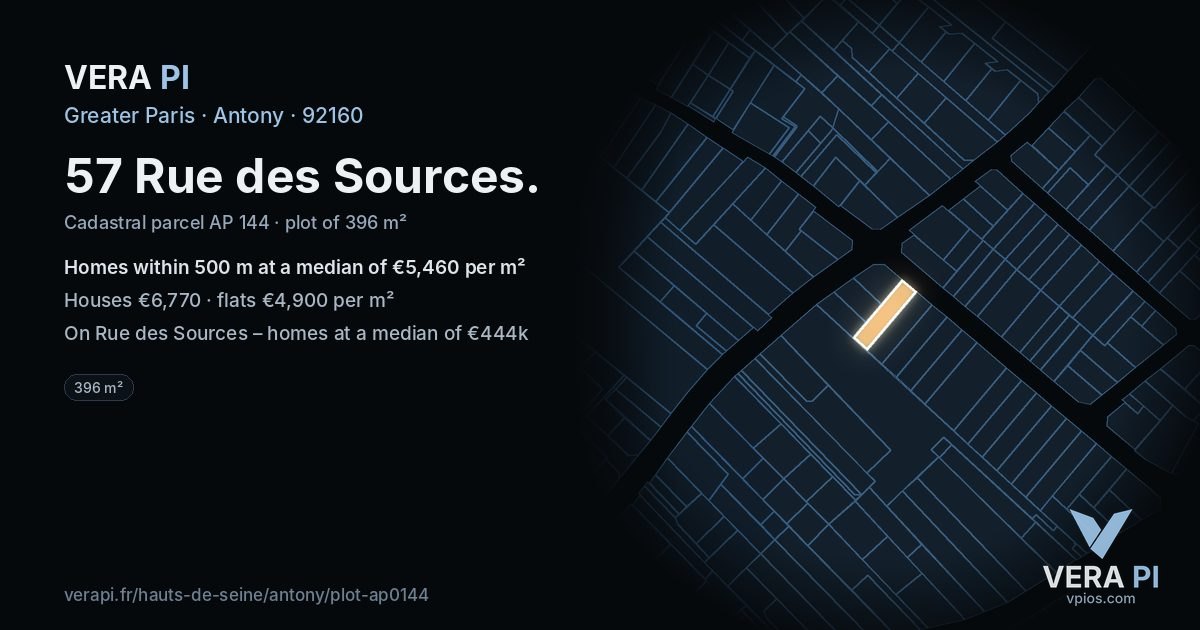 57 Rue des Sources, Antony at night – the plot lit, the parcels around coloured by the prices near them