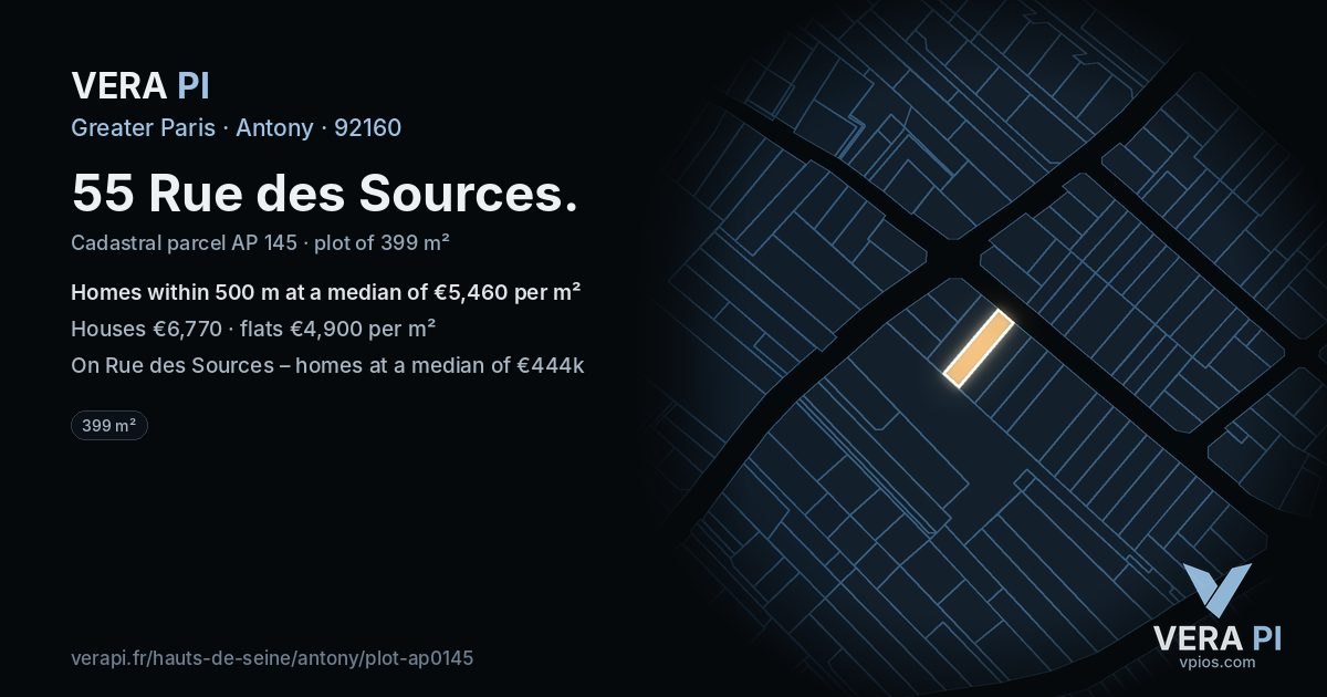 55 Rue des Sources, Antony at night – the plot lit, the parcels around coloured by the prices near them