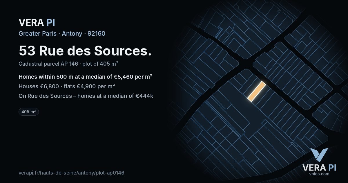 53 Rue des Sources, Antony at night – the plot lit, the parcels around coloured by the prices near them