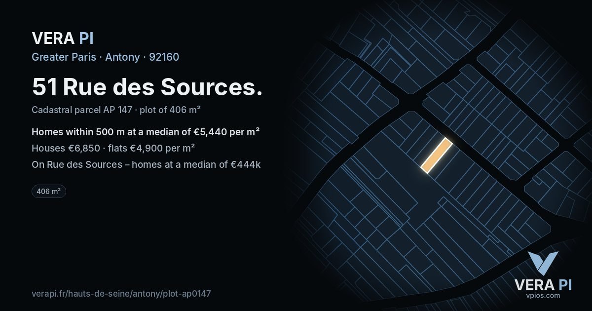 51 Rue des Sources, Antony at night – the plot lit, the parcels around coloured by the prices near them