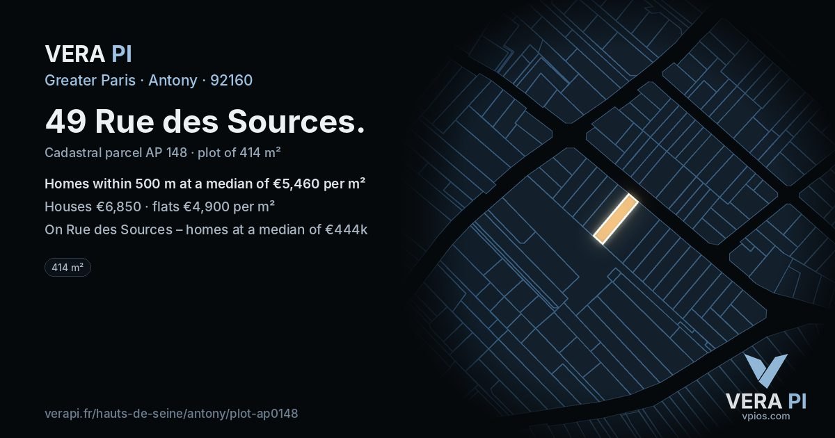 49 Rue des Sources, Antony at night – the plot lit, the parcels around coloured by the prices near them