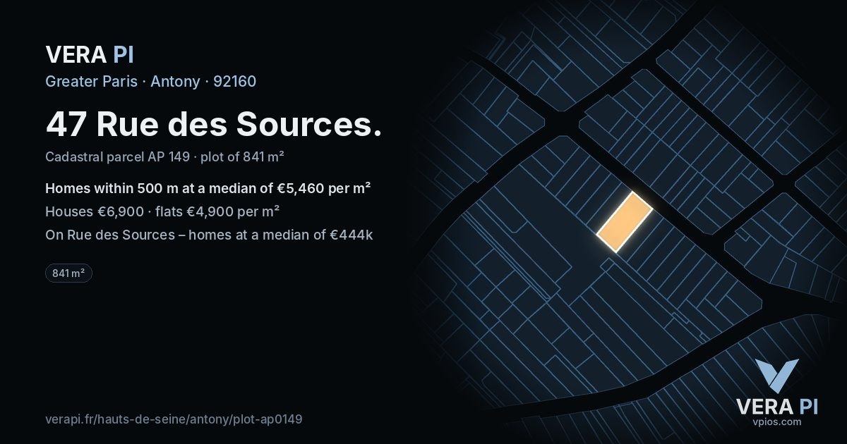 47 Rue des Sources, Antony at night – the plot lit, the parcels around coloured by the prices near them