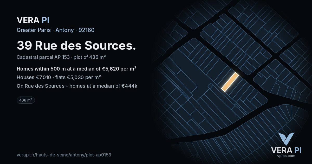 39 Rue des Sources, Antony at night – the plot lit, the parcels around coloured by the prices near them