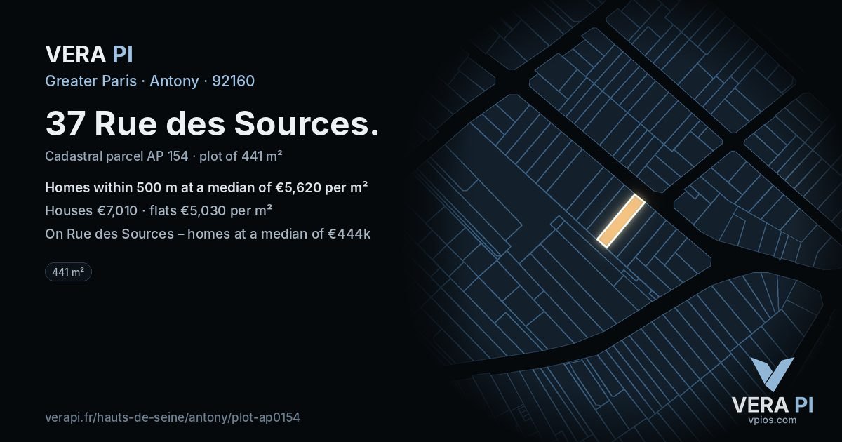 37 Rue des Sources, Antony at night – the plot lit, the parcels around coloured by the prices near them